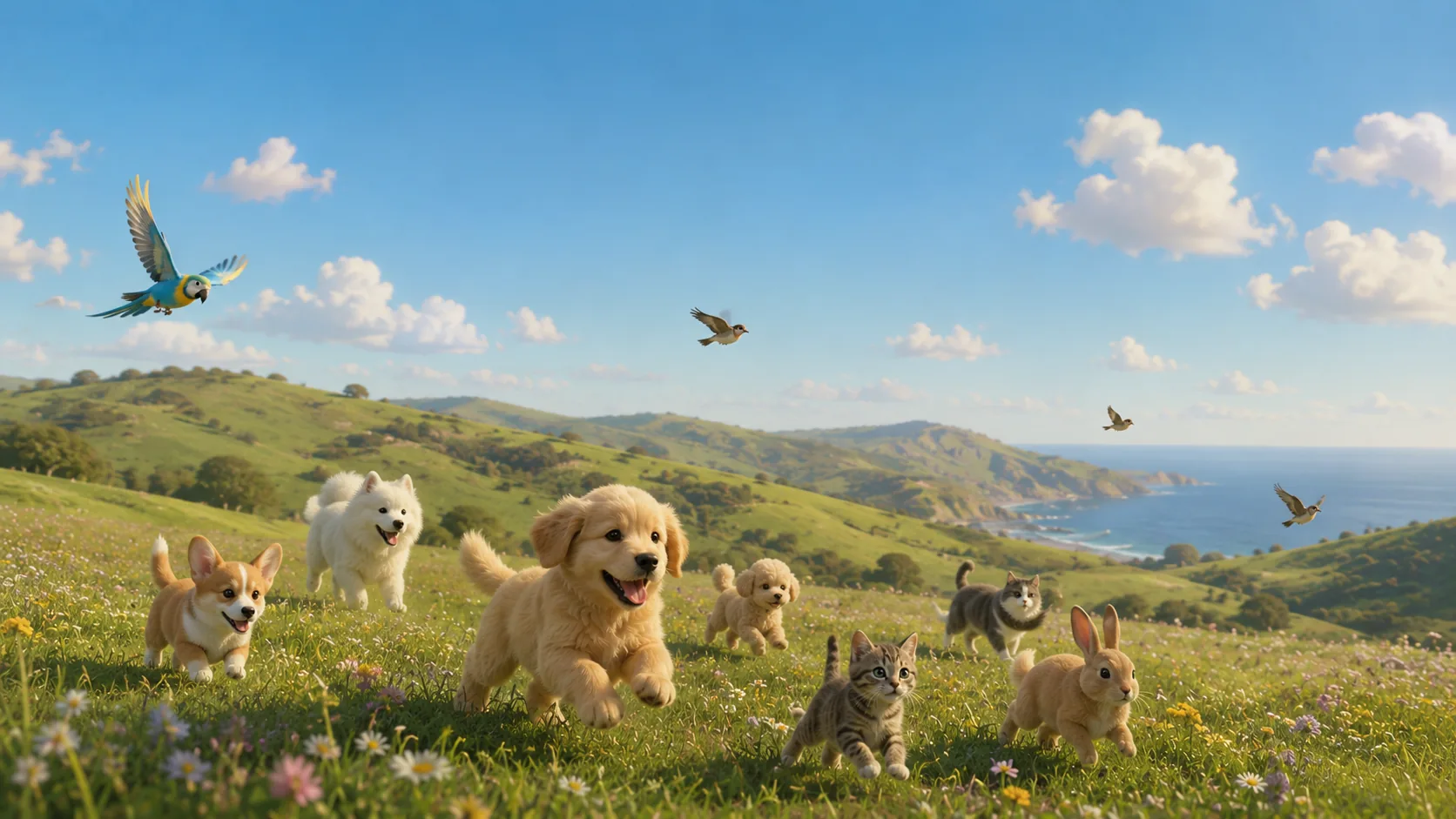 Pets running through a field