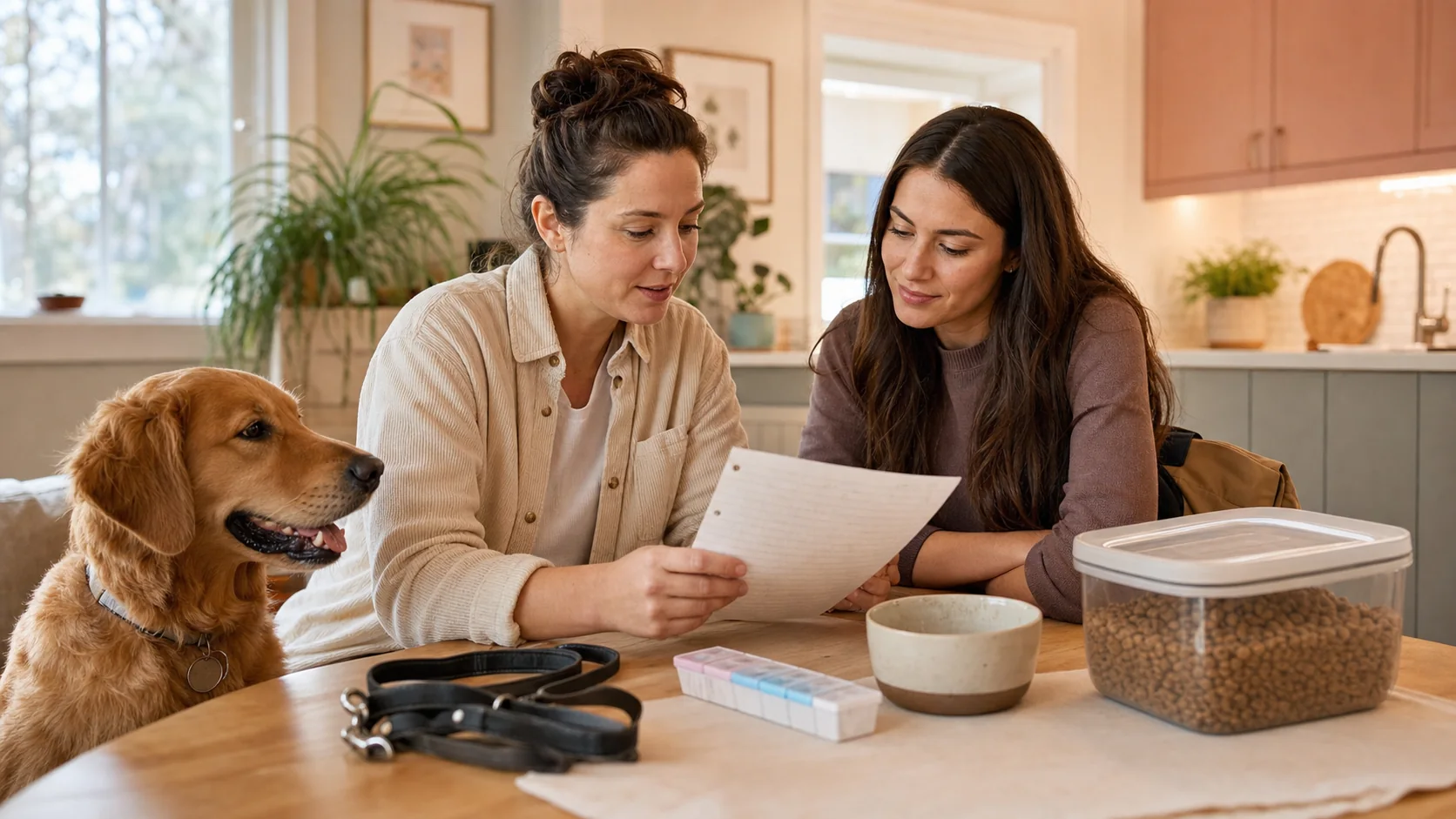 Pet owner reviewing a care checklist with a pet sitter beside a relaxed dog
