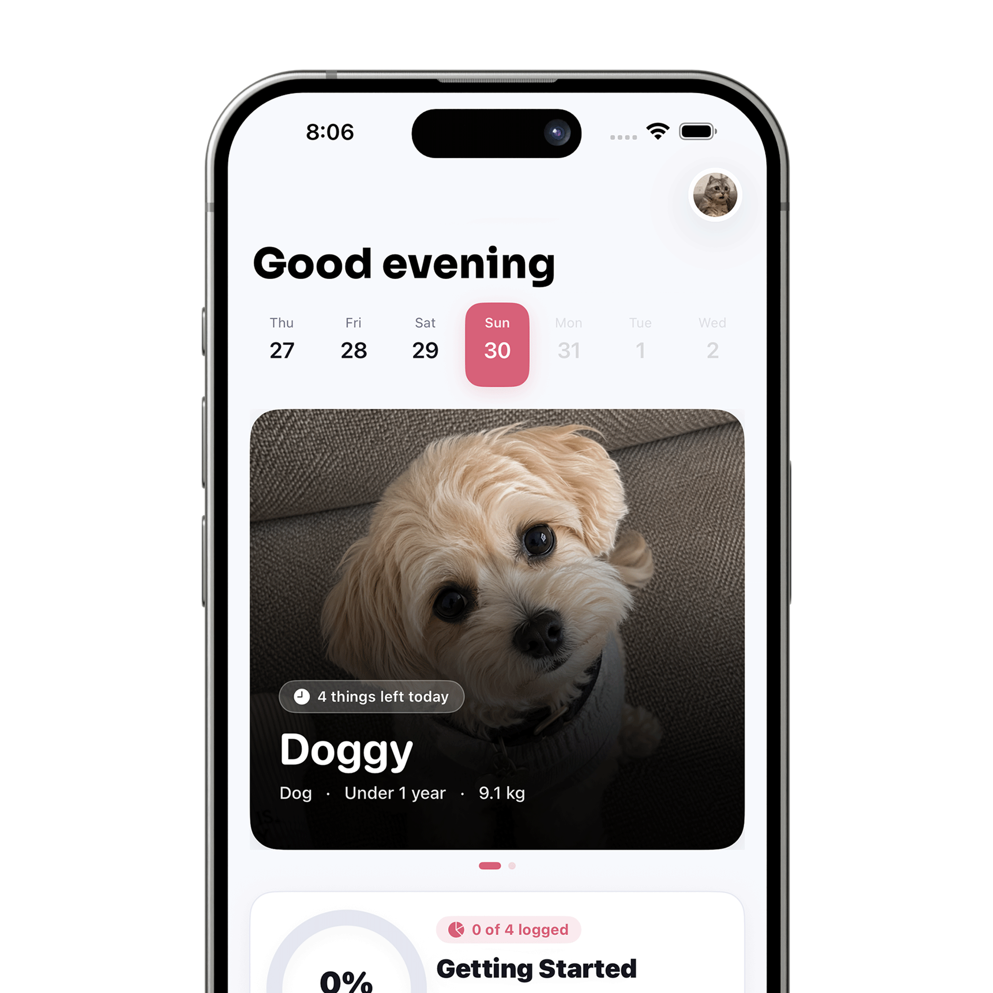 Petive app home screen showing a shared household daily care view