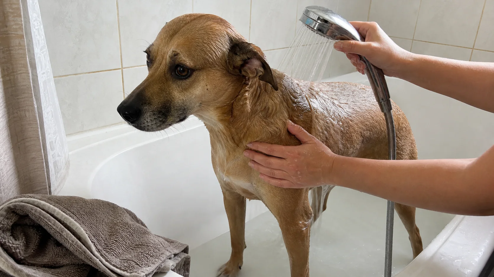 Dog standing calmly in a home bathtub during a gentle bath