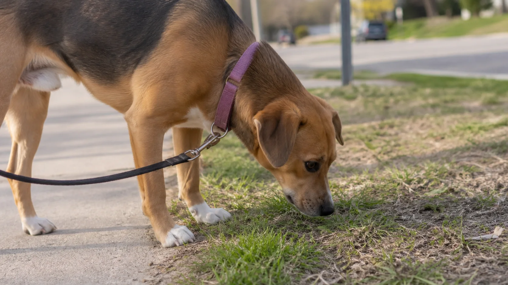 Dog sniffing and nibbling untreated grass during a supervised walk