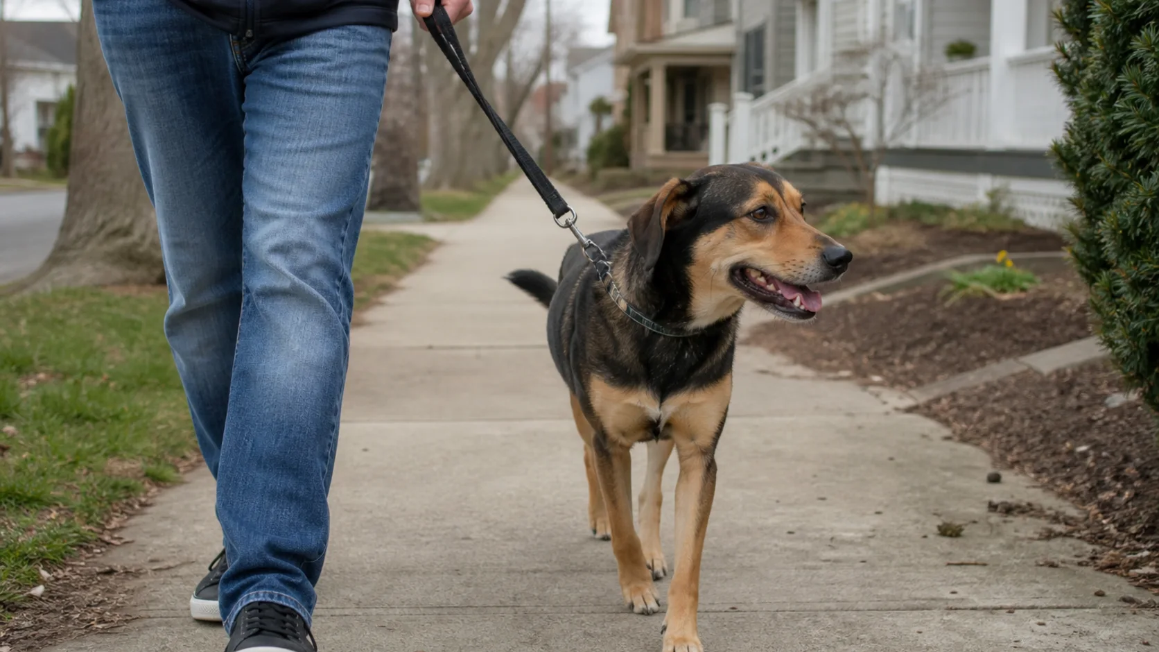 Dog and owner taking a relaxed sniffing walk on a neighborhood path