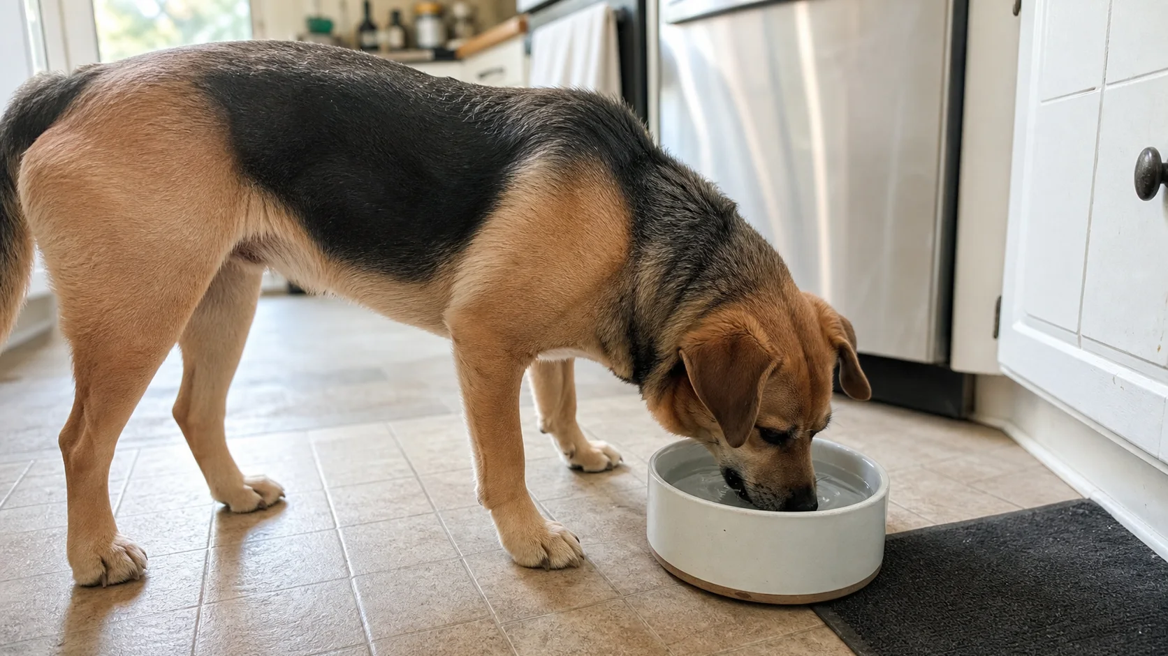 Dog drinking fresh water from a clean bowl after a walk