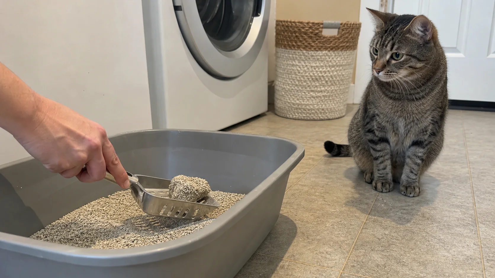 Person scooping a clean open litter box while a cat waits nearby