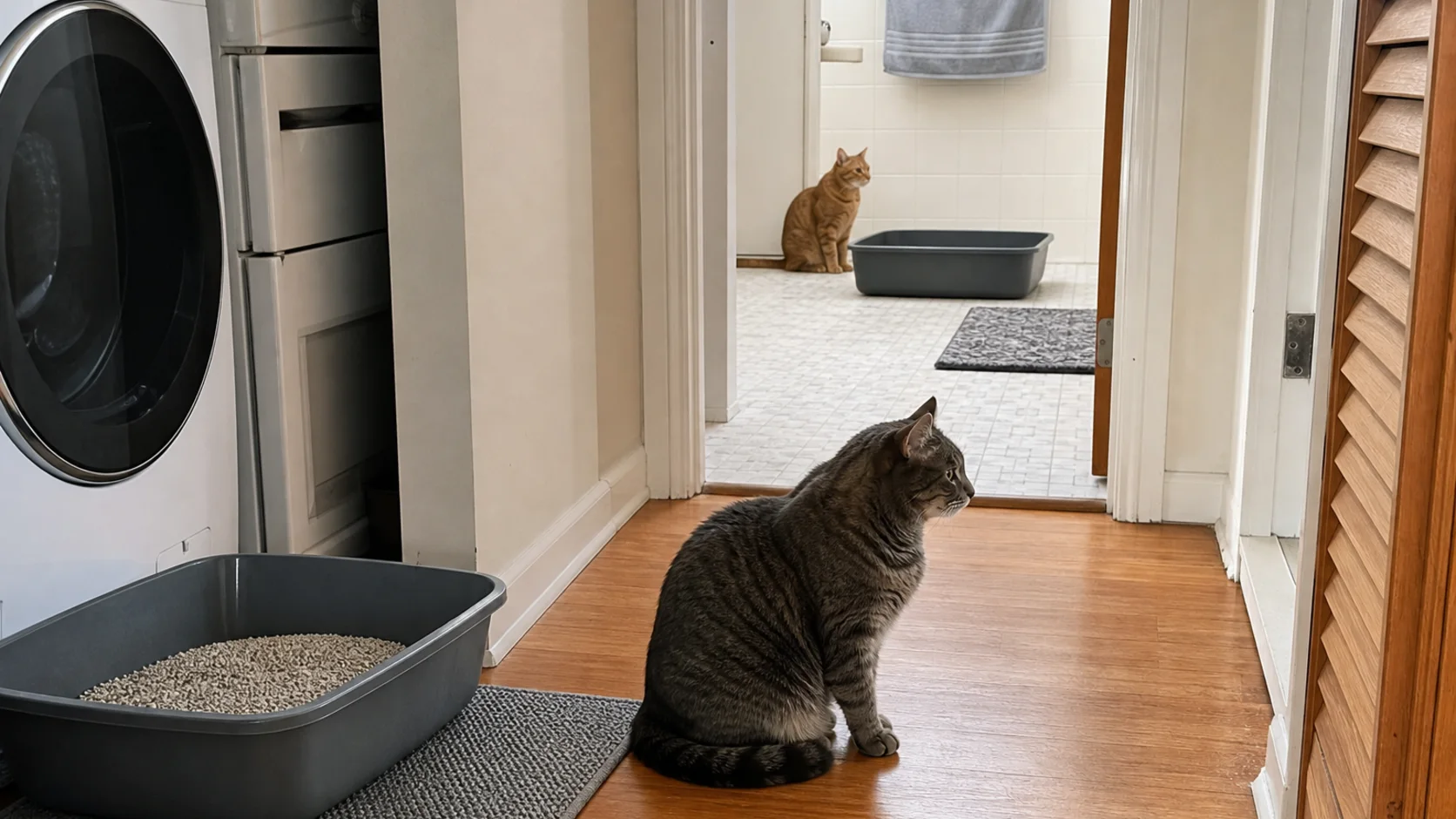 Two cats near separate open litter boxes placed in different quiet areas