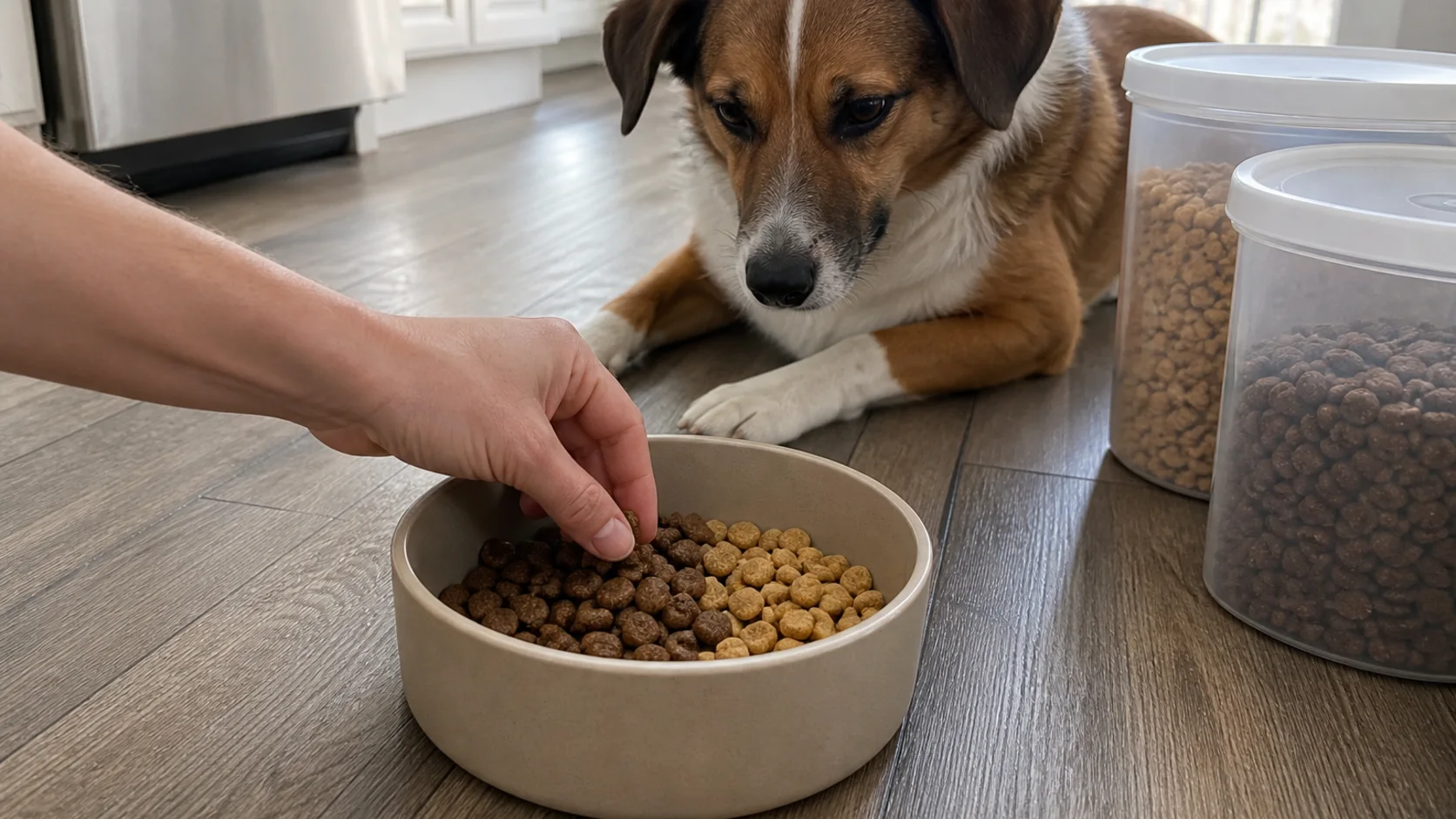 Two measured dog foods being mixed gradually in one bowl