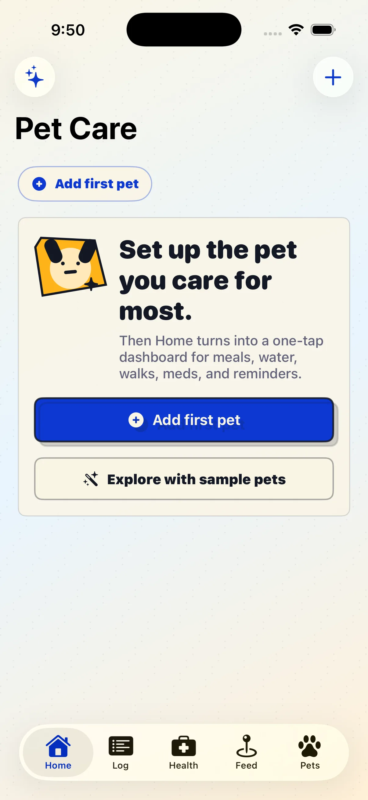 Petive app home screen showing pet care setup