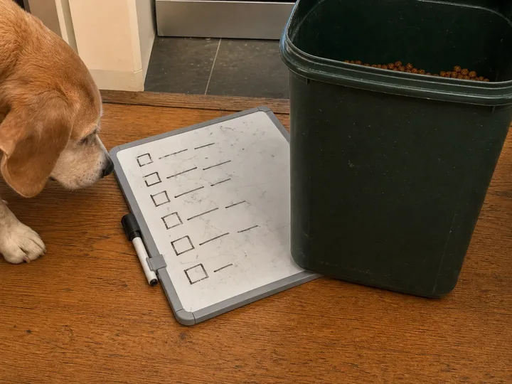 A loose dry-erase feeding checklist lying beside a green dog-food bin as Oscar investigates